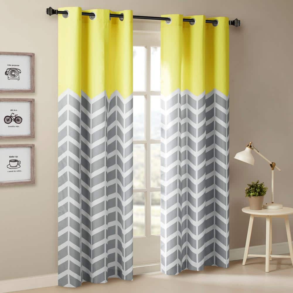 Yellow and Gray Chevron Room Darkening Grommet Curtains, 42x84, 2-Panel Set