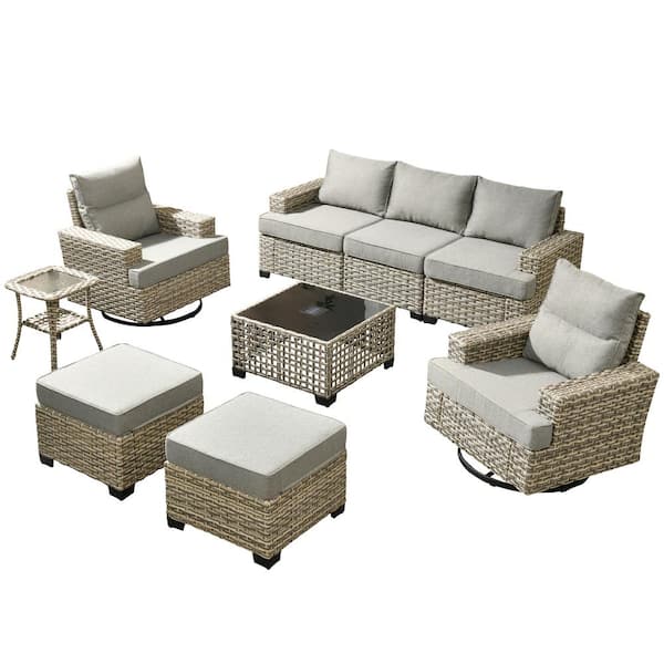 Kelleys 9-Piece Wicker Outdoor Patio Conversation Sofa Furniture Set with Swivel Chairs, Tables and Dark Grey Cushions