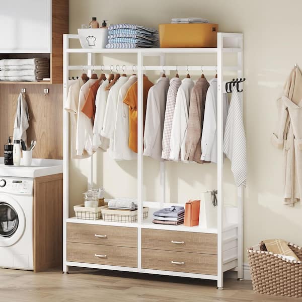 Carmalita White Wood 47.2 in. Armoire Closet Clothes Shelf Garment Rack 4 Drawers 8 Hooks Industrial Entryway Hall Tree