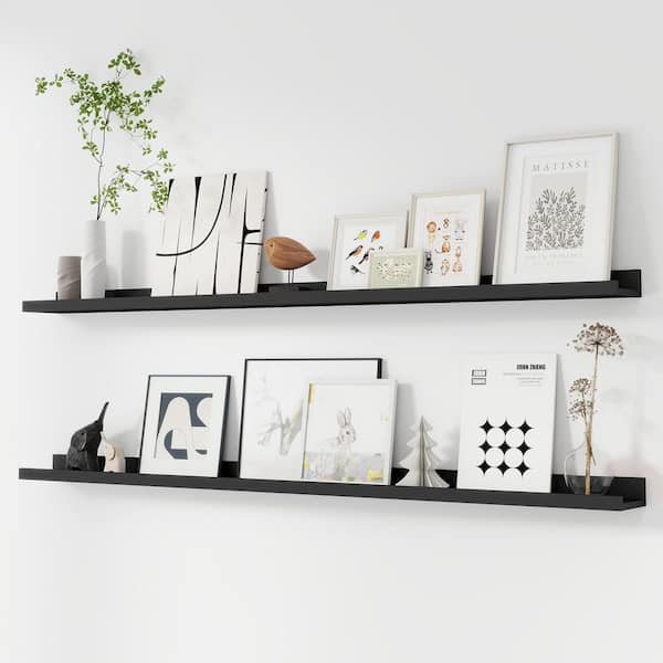 56 in. W x 4.7 in. D Black Manufactured Wood Decorative Wall Shelves with Picture Ledge (2-Pack)
