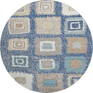Mayfield Premium Machine Washable Abstract AMF2014 Navy 8 ft. x 8 ft. Round Rug