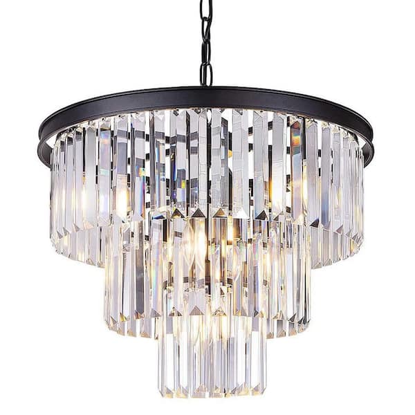 LamQee 19.68 in. W. 6-Light Matt Black Unique/Statement Tiered Chandelier 3-Tier Crystal Pendant Ceiling Light