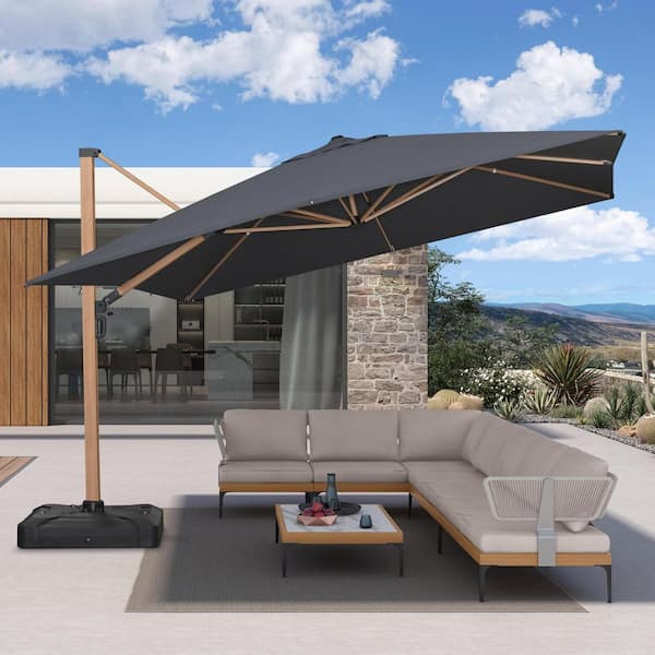 12 ft wide patio umbrella PURPLE LEAF 12 ft. Square Windproof Aluminum Teak-Finished Cantilever Offset 360° Rotation Large Patio Umbrella with Base, Gray