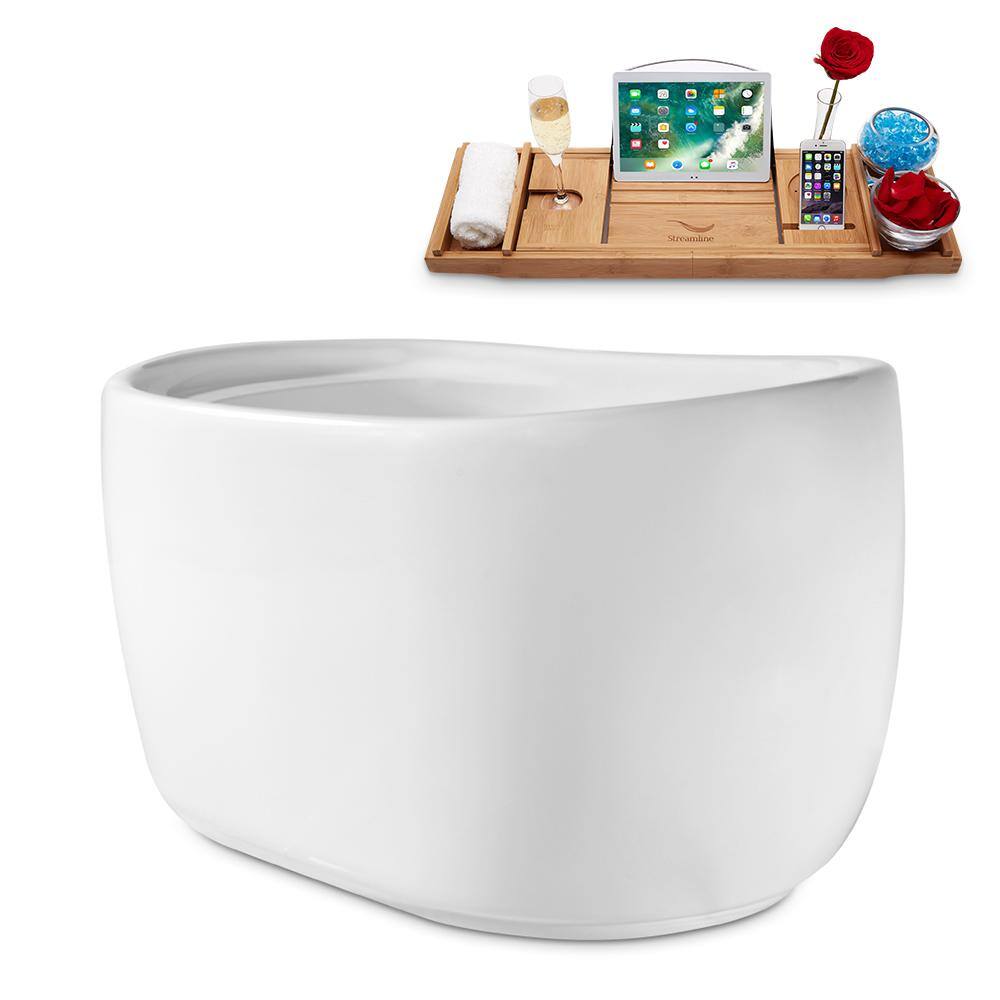 51" Glossy White Freestanding Acrylic Soaking Bathtub with Bamboo Tray