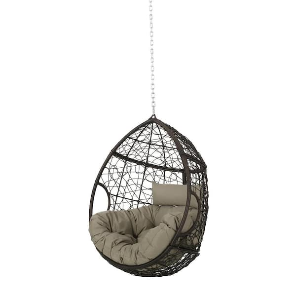 Noble House Autry 46 in. Multi-Brown Hanging Egg Chair with Khaki Cushions (No Stand)