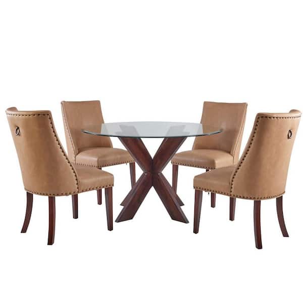 Norris 5-Piece Round Espresso and Tan Glass Top Dining Room Set Seats 4