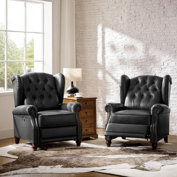 Leni Black 32.5 in. Genuine Leather Power Recliner with USB and Type-C Charging Ports (Set of 2)