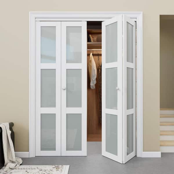 60 in. x 96 in. Solid Core Primed 3-Lite White Tempered Frosted Glass Wood Closet Bi-fold Door with Hardware