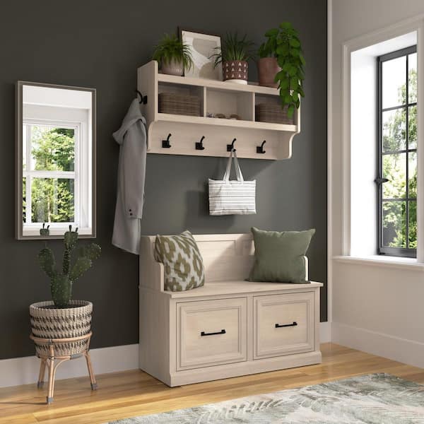 Bush Furniture Woodland White Washed Maple Entryway Bench with Doors and Wall Mounted Coat Rack