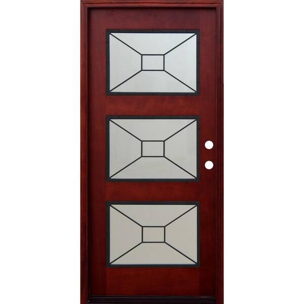 Pacific Entries 36 in. x 80 in. Contemporary 3 Lite Mistlite Stained Mahogany Wood Prehung Front Door with Grille and 6 in. Wall Series