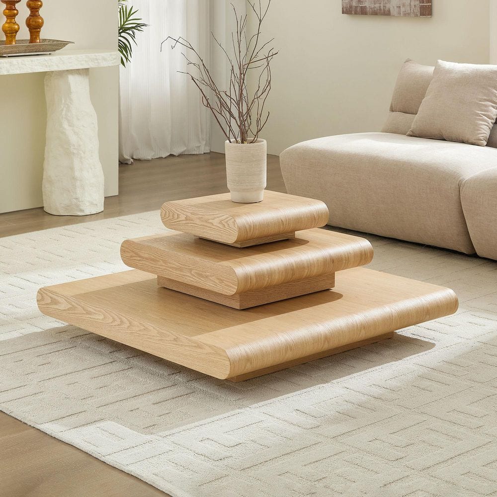 Stack Coffee Table Noble House Folasade 39.37 in. Natural Square Wood 3-Piece Modular ...