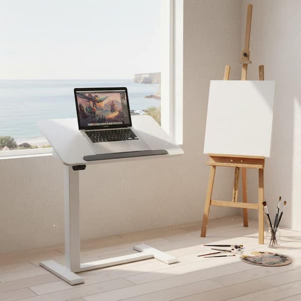 PORTYB 27.5 in. Glacier White Electric Laptop Standing Desk with Tilt Top, Memory Presets and Swivel Wheels