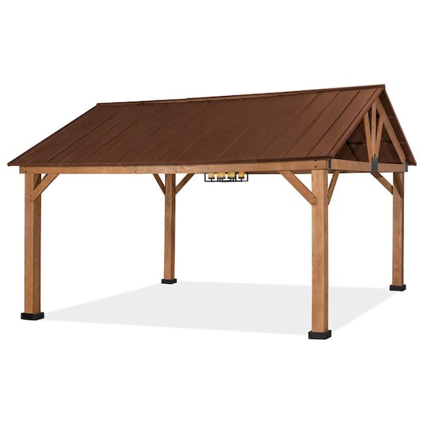 JOYSIDE 15 ft. x 13 ft. Solid Cedar Wood Outdoor Patio Hardtop Gazebo with Brown Galvanized Steel Roof and Ceiling Hook