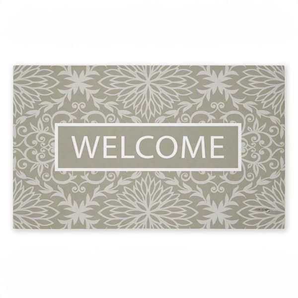 Green Damask Welcome White 18 in. x 30 in. Polyester Non-Slip Outdoor Door Mat