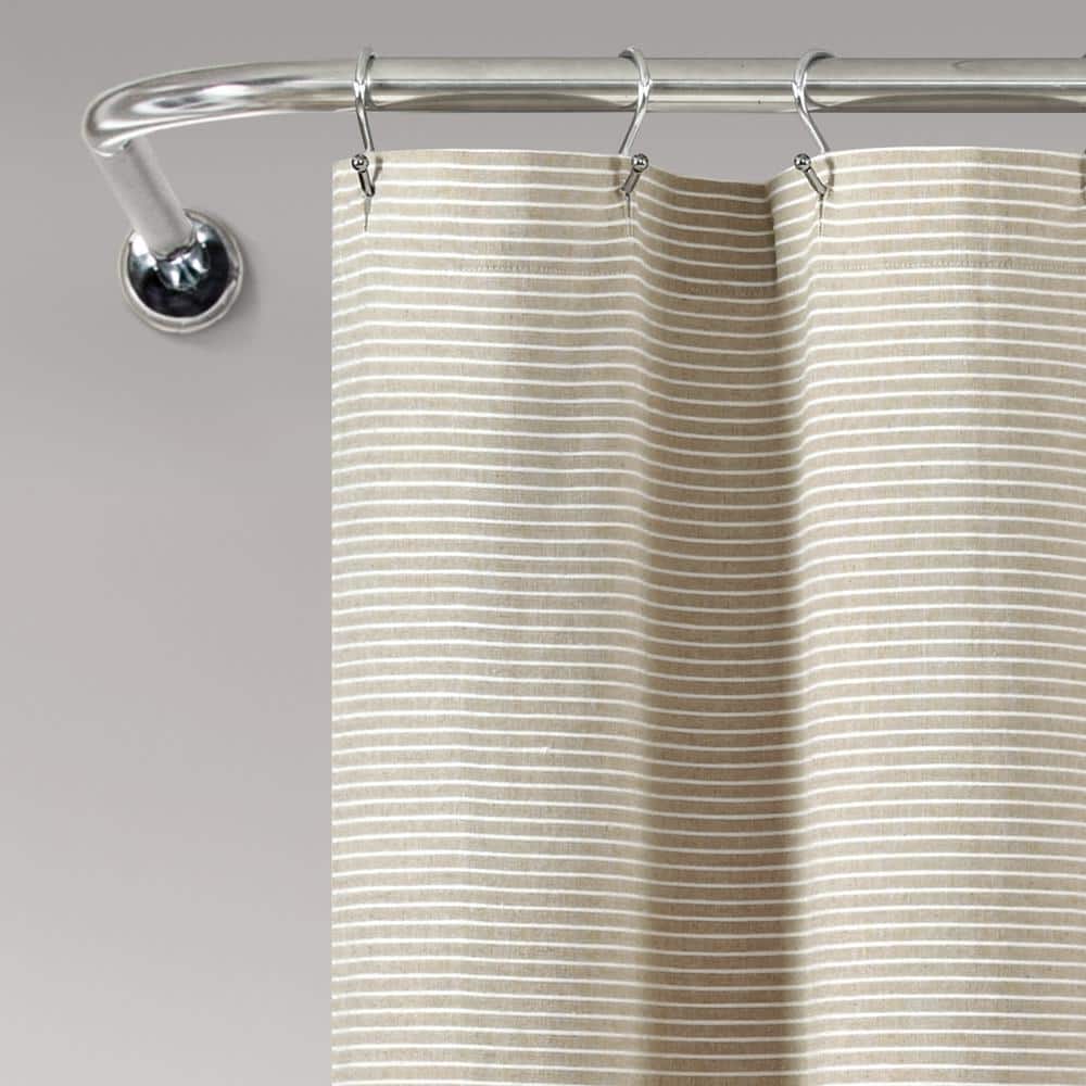 Beige Linen Button Striped Woven Cotton Shower Curtain