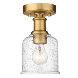 Bryant 5.5 in. 1-Light Heritage Brass Transitional Flush Mount with Clear Seedy Glass Shade and No Bulbs Included