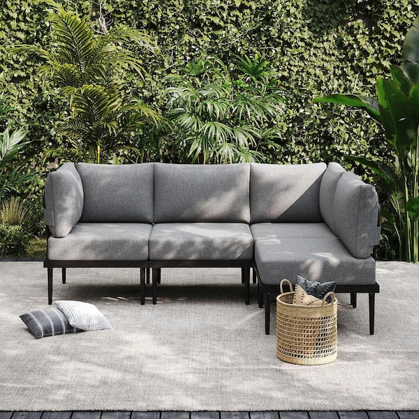 AURA OUTDOOR 4-Piece Metal Outdoor Sectional Sofa Set Patio Furniture Set with 6 in. Olefin Cushion, Gray