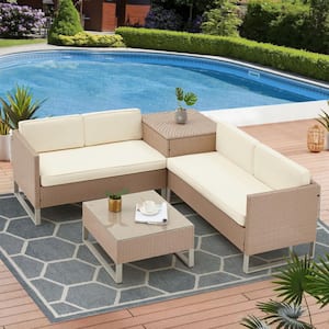4-Piece Patio Conversation Sets, Rattan Wicker Sectional Sofa Couch and Coffee Table with Storage Cabinet, Beige