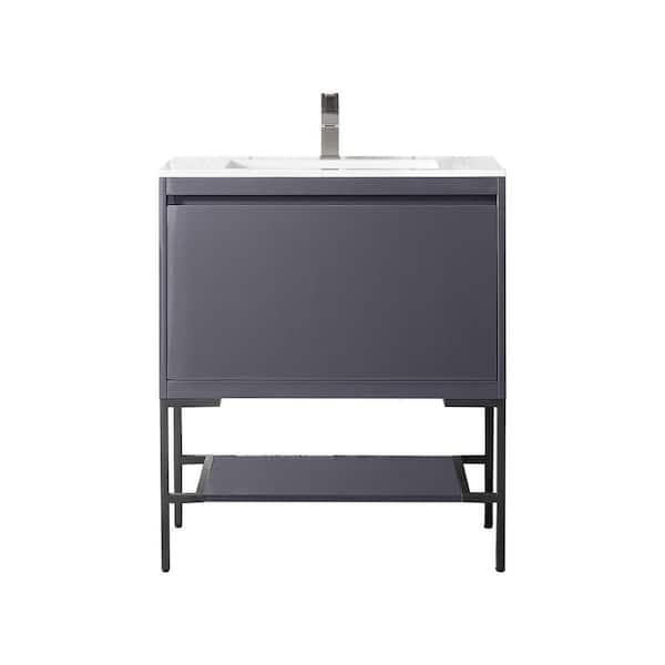 James Martin Vanities Milan 31.5 in. W x 18.1 in. D x 36 in. H Bathroom Vanity in Modern Grey Glossy with Glossy White Composite Top