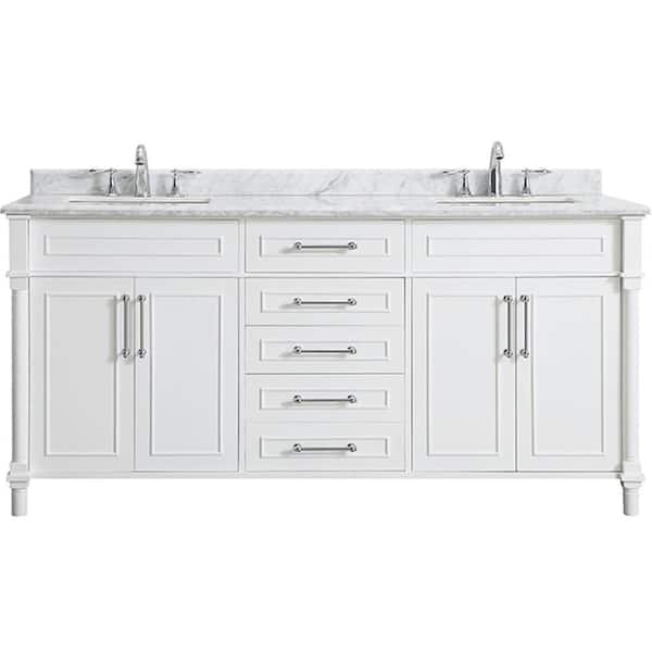 Aberdeen 72 in. Double Sink Freestanding White Bath Vanity with Carrara Marble Top (Assembled)