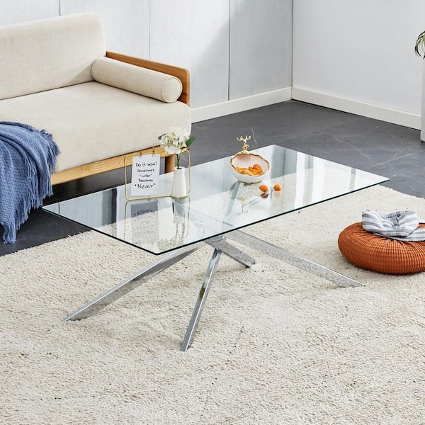39.37 in. Rectangle Clear Tempered Glass Coffee Table with Silver Metal Legs, Modern Living Room Furniture