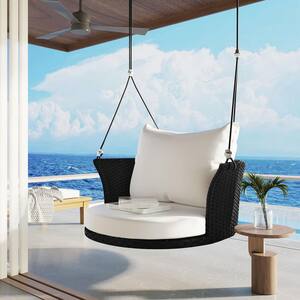 1-Person Outdoor Black Wicker Porch Swing With Ropes and Cushion