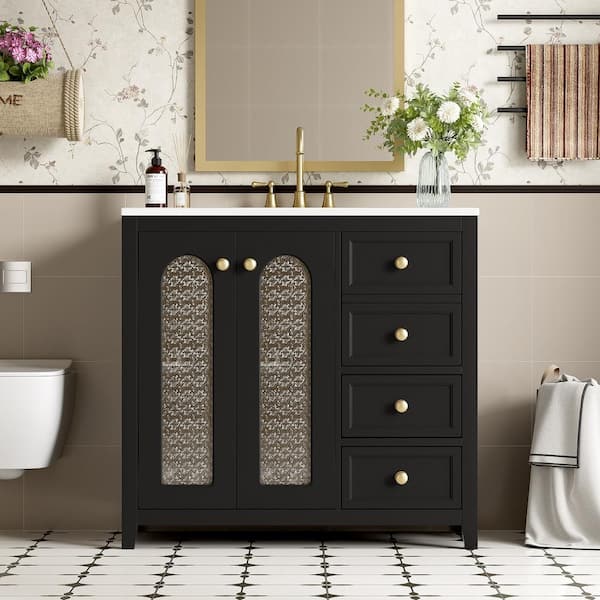 36 in. Freestanding Black Bath Vanity with White Ceramic Top and Soft Close Glass Door Unassembled