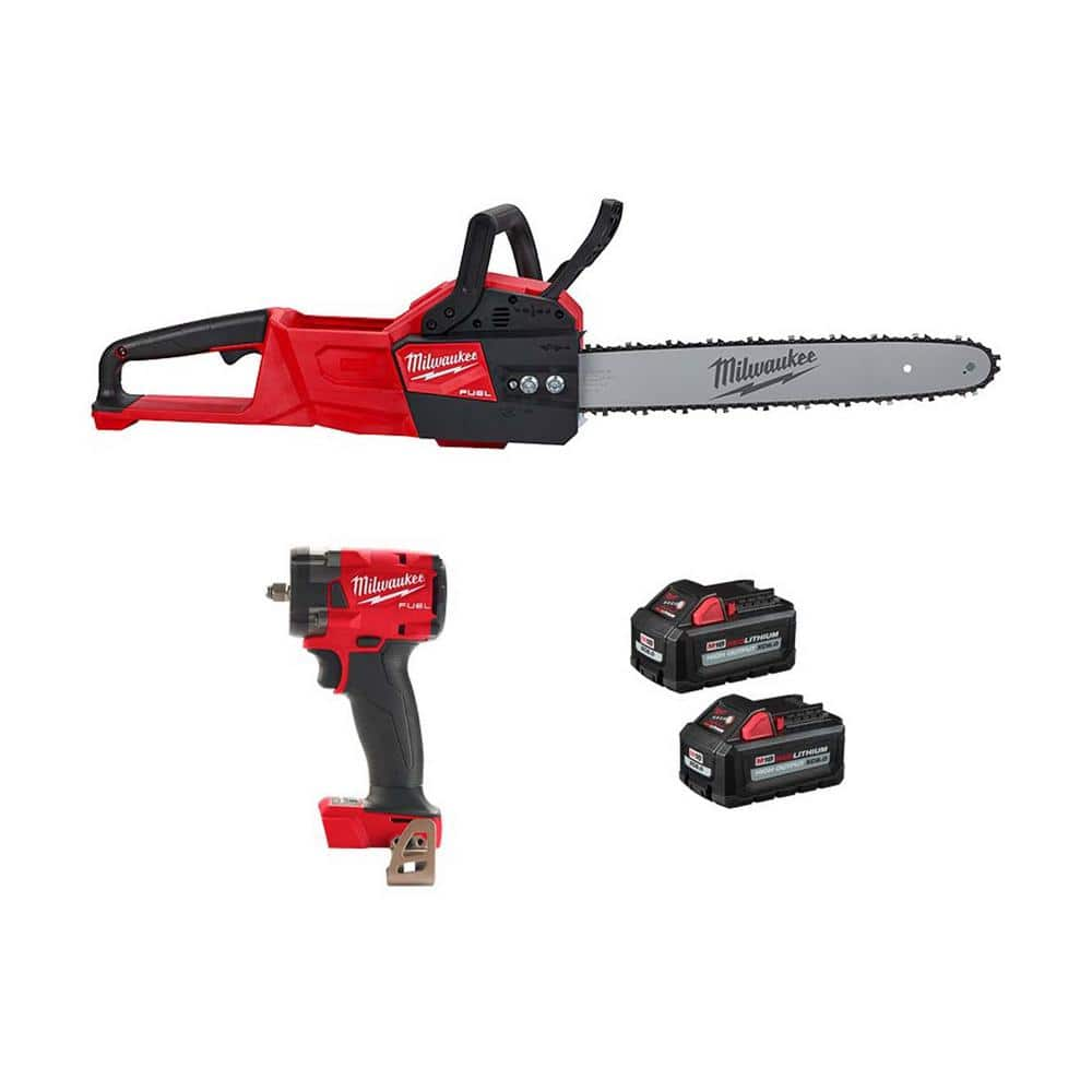 M18 FUEL 16 in. 18V Brushless Battery Electric Chainsaw w/3/8 in. Compact Impact Wrench w/Friction Ring Two 6Ah -  Milwaukee, 2727-2854x2