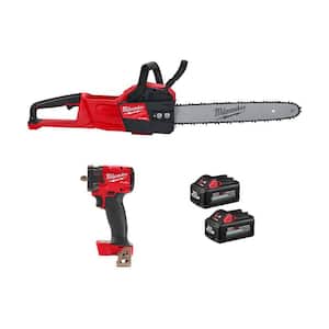 M18 FUEL 16 in. 18V Brushless Battery Electric Chainsaw w/3/8 in. Compact Impact Wrench w/Friction Ring Two 6Ah