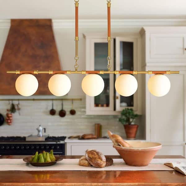 Brivaro 45 in. 5-Light Brass Farmhouse Textured Linear Pendant Light with Milky White Globe Shades, Brown Accents