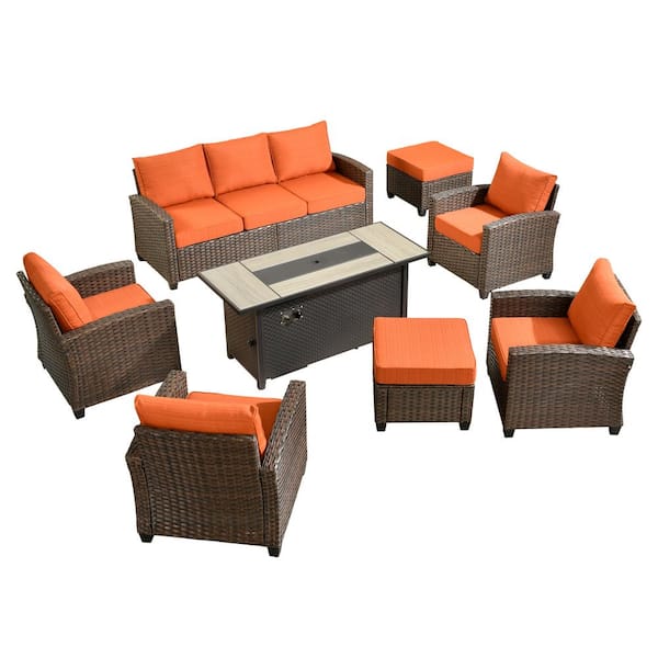 Palermo Brown 8-Piece Wicker Outdoor Modular Patio Furniture Sofa Set with Metal Fire Pit and Orange Red Cushions
