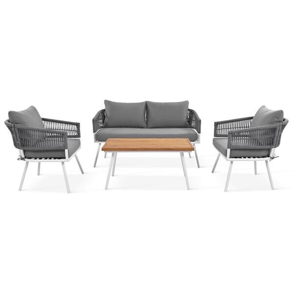 Cesicia Grey 4-Piece Wicker Patio Conversation Set with Grey Cushions and Wood Top Table