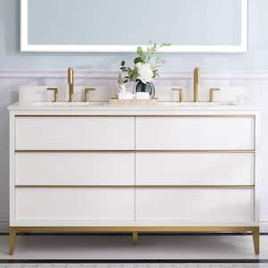 60 in. W x 22 in. D x 35 in. H Double Sink Solid Wood Bath Vanity in White with Carrera White Quartz Top, Soft-Close