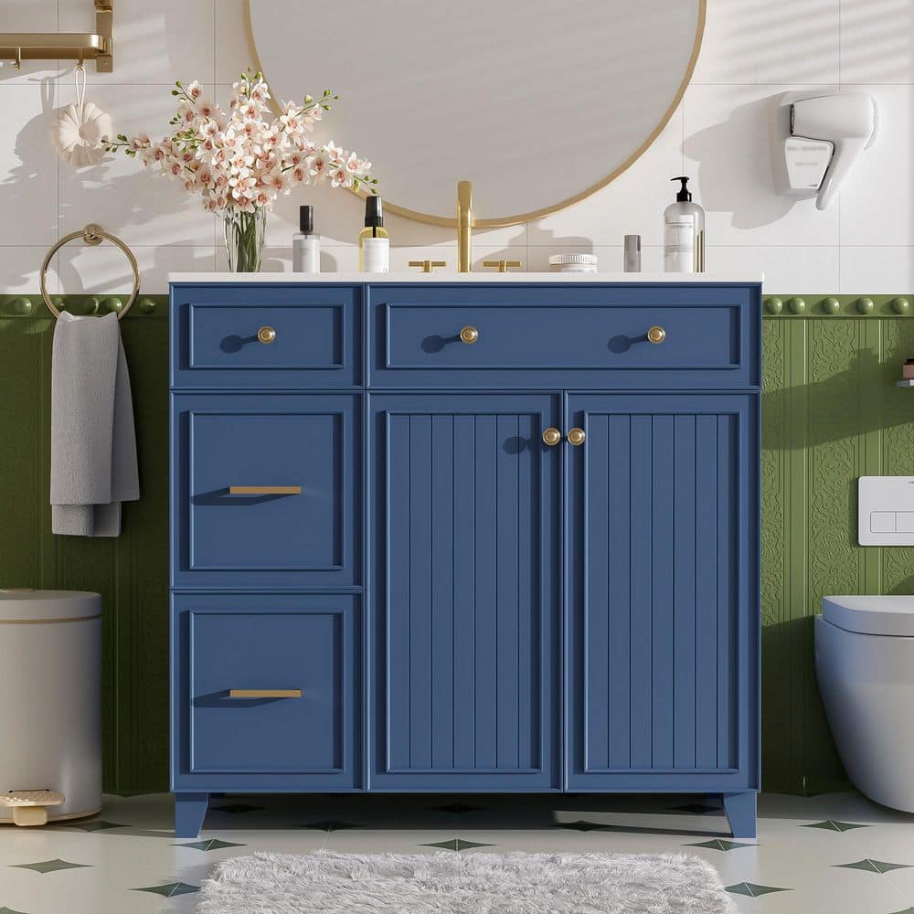 B・BLUE Polibi 36 in. W Single Sink Bath Vanity in Navy Blue with White