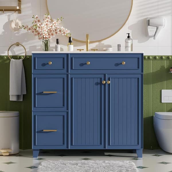 36 in. W Single Sink Bath Vanity in Navy Blue with White Ceramic Top, 2-Drawers and 1-Adjustable Storage Shelf