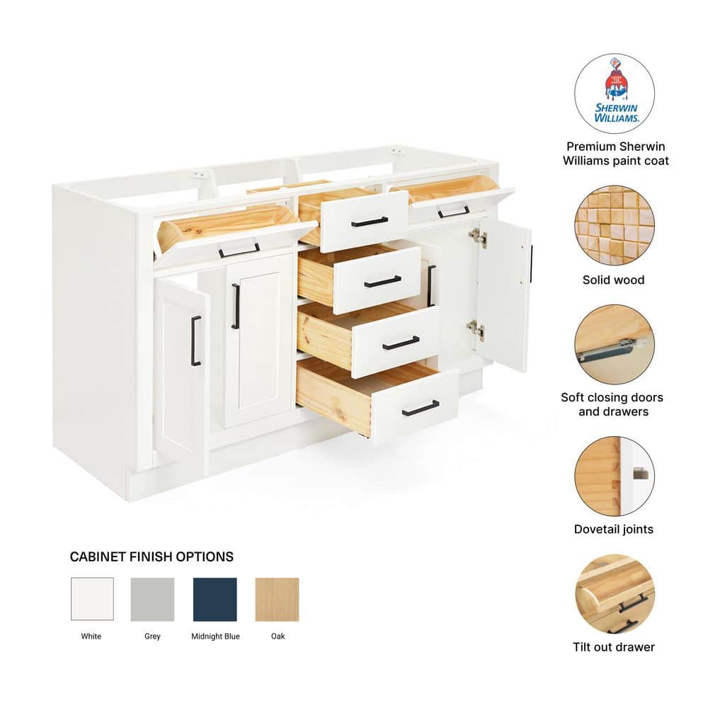 60'' White Hardwood Double Freestanding Bathroom Vanity