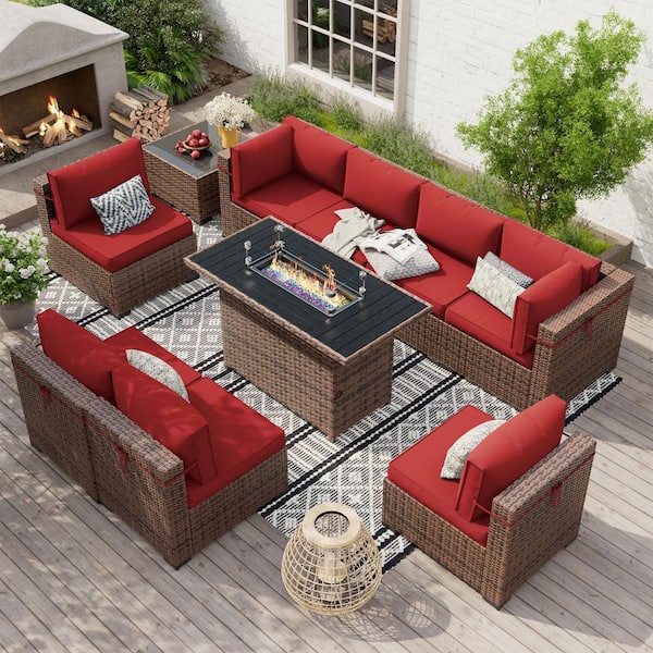 Poteban 8-Person Brown Wicker Outdoor Sectional Set with Fire Pit Table, Coffee Table and Cushions