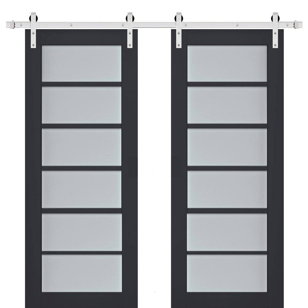Assemble Required 24 in. x 84 in. 2-Panel Frosted Glass Antracite Solid Wood Sliding Barn Door with Hardware Kit price history on PriceWatchPro