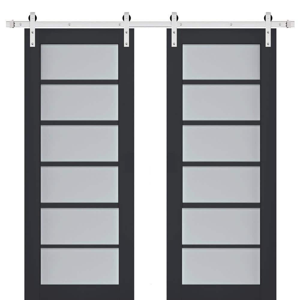 Assemble Required 32 in. x 96 in. 2-Panel Frosted Glass Antracite Solid Wood Sliding Barn Door with Hardware Kit price history on PriceWatchPro