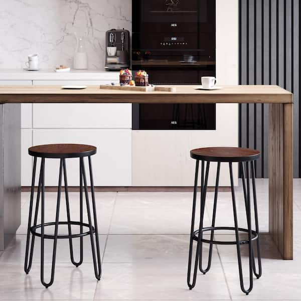 Lavish Home 24 in. Espresso Elm Backless Metal-Framed Barstools with Hairpin Legs (Set of 2)