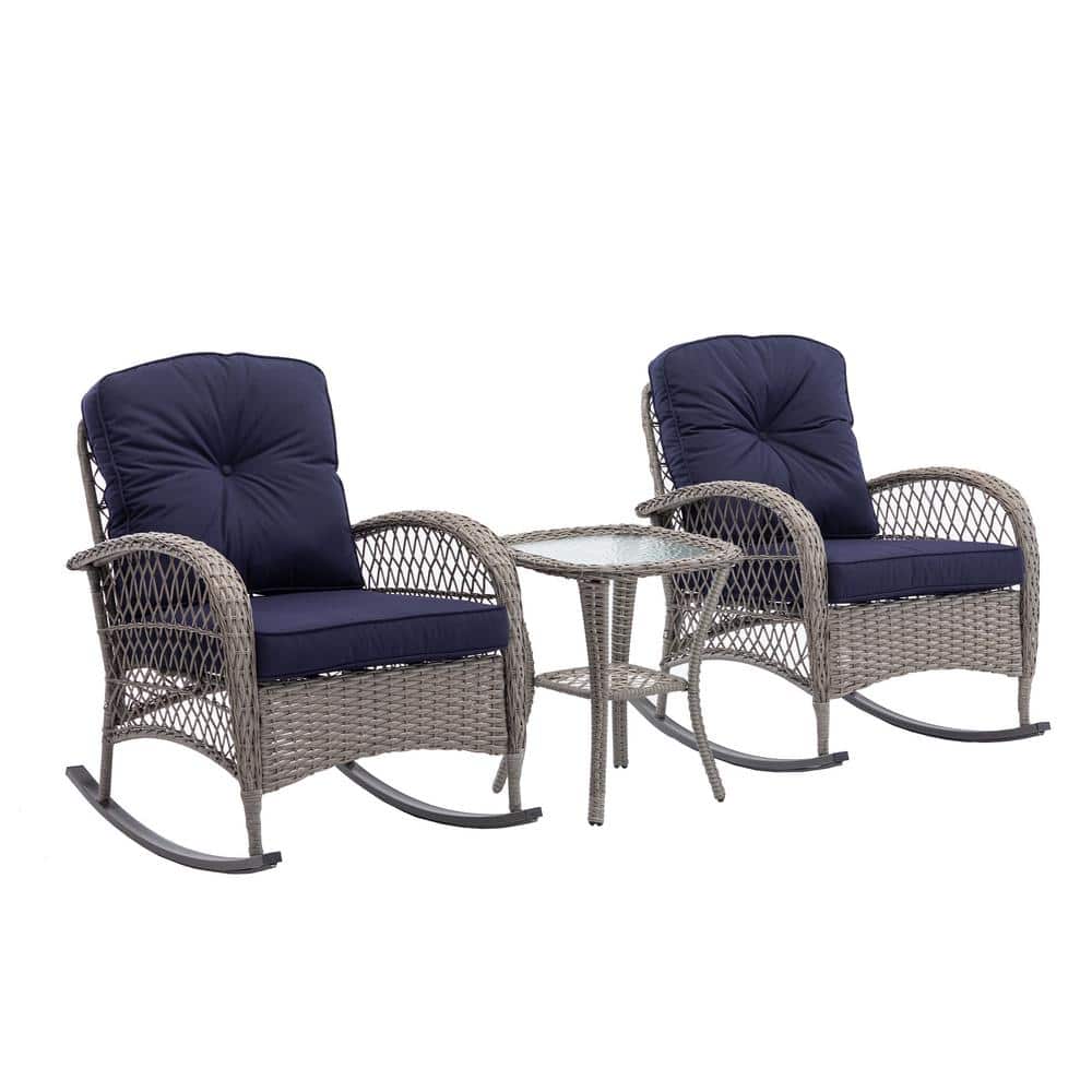 3-Peice Modern Gray Wicker Patio Bistro Outdoor Rocking Chair Set with Nave Blue Cushions price history on PriceWatchPro
