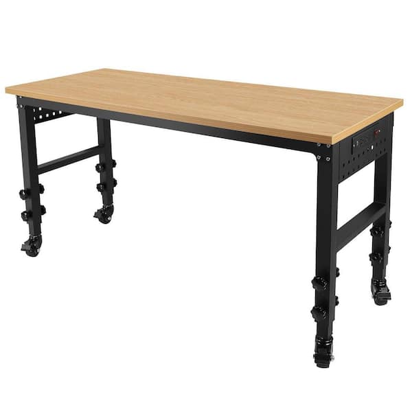 60 in. x 24 in. Black Metal Adjustable Large Capacity Rubberwood Rolling Heavy Duty Workbench with Power Outlet