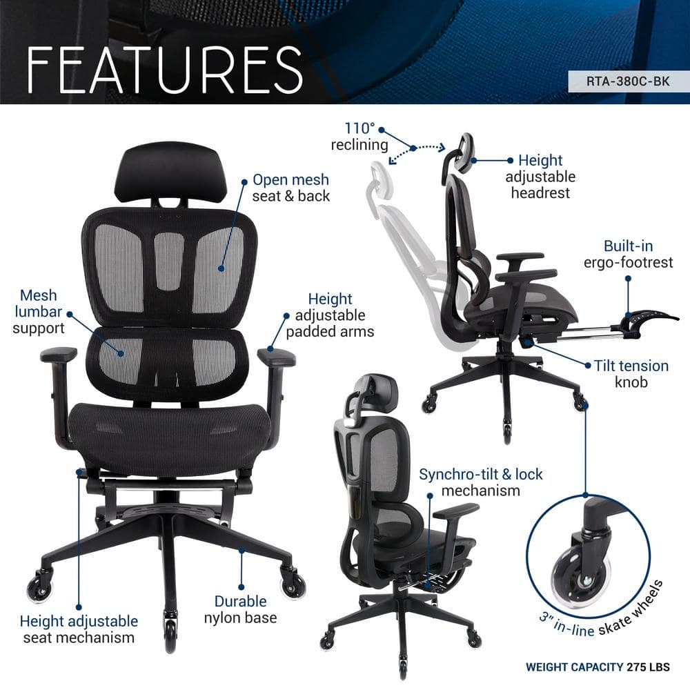 Black Ergonomic Mesh Office Chair with Adjustable Arms and Footrest