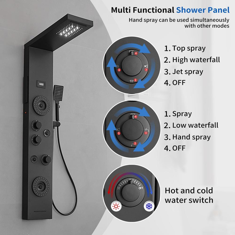 Matte Black 47'' Shower Panel System with LED Light and Body Jets
