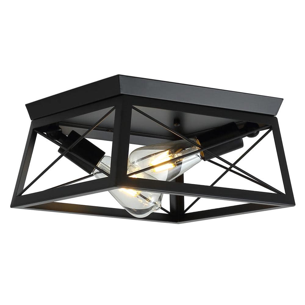 aiwen 11.81 in. 2-Light Black Farmhouse Caged Square Flush Mount ...