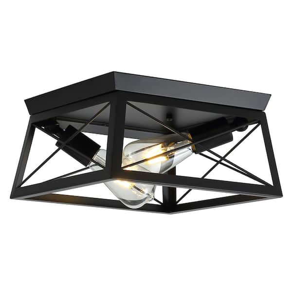aiwen 11.81 in. 2-Light Black Farmhouse Caged Square Flush Mount Industrial Vintage Ceiling Lighting