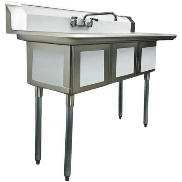 63 in. Freestanding Stainless Steel Commercial NSF 3 Compartments Sink With Faucet EC3151215R 18-Gauge