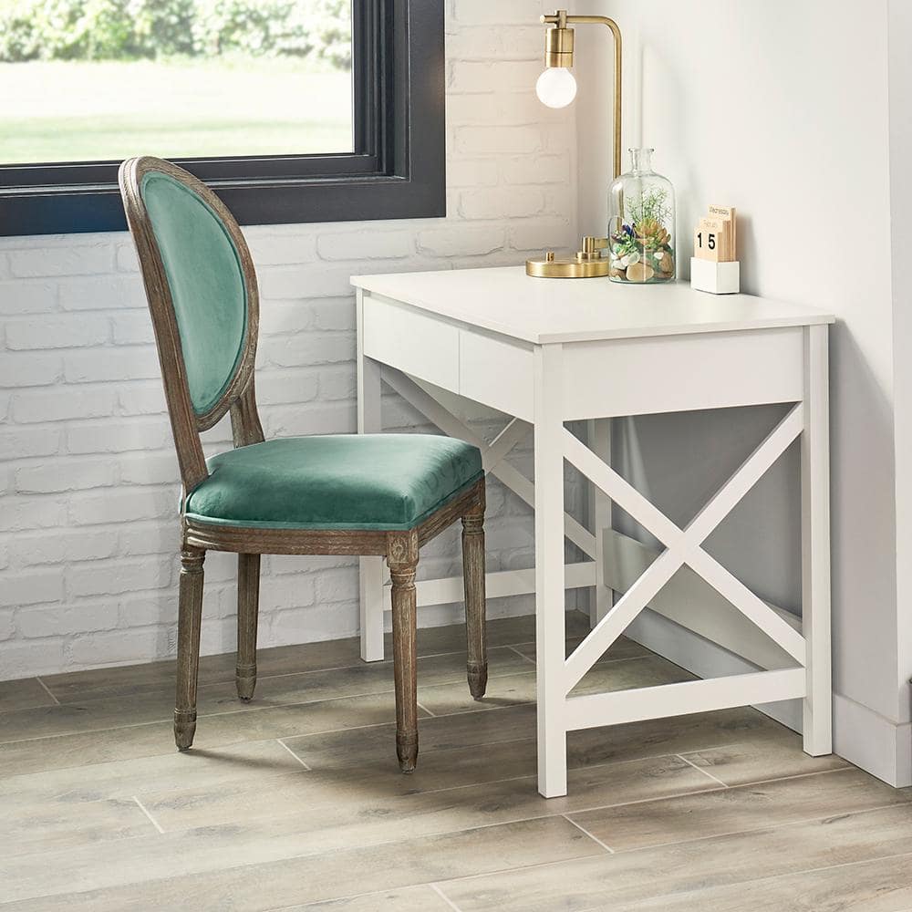 X-Frame Coastal White Composite Writing Desk with Drawers