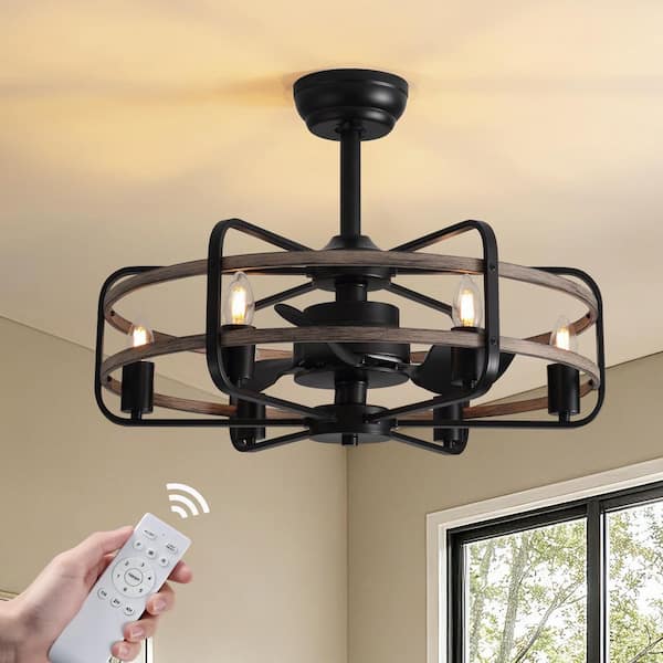 24 in. Indoor Black Farmhouse circular ring Ceiling Fan with Light and Remote, Rustic Caged Chandelier Ceiling Fan