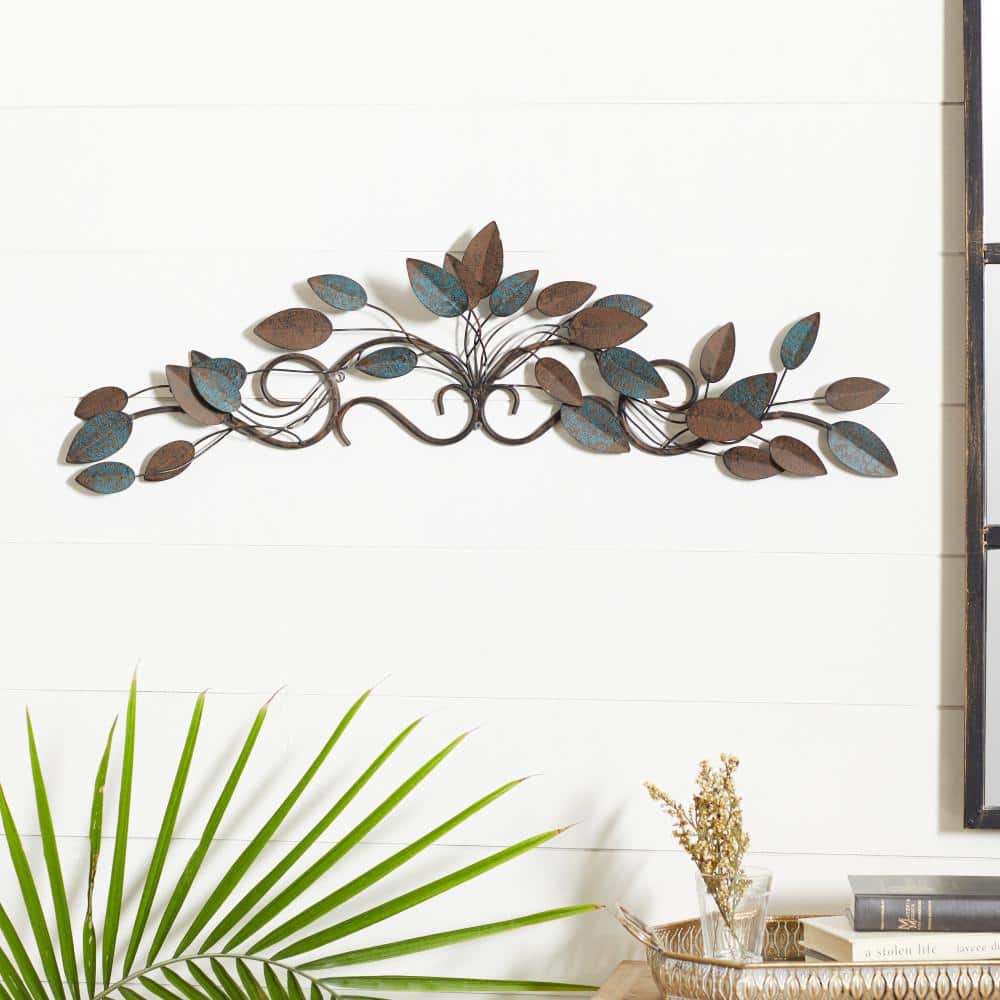 Blue and Brown Metal Leaf Wall Sculpture, 35" x 10"